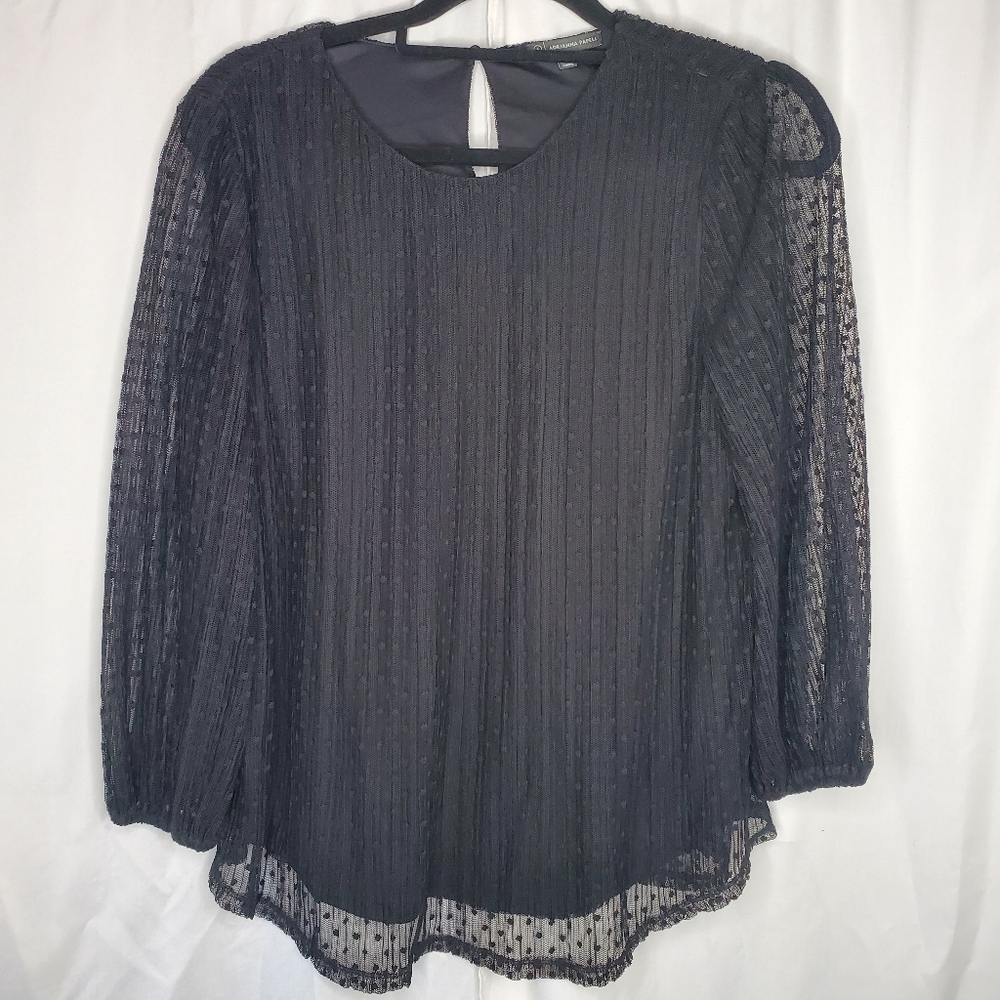 ♤ Adrianna Papell Swiss Dot & Striped Lined Blouse Size Medium Black